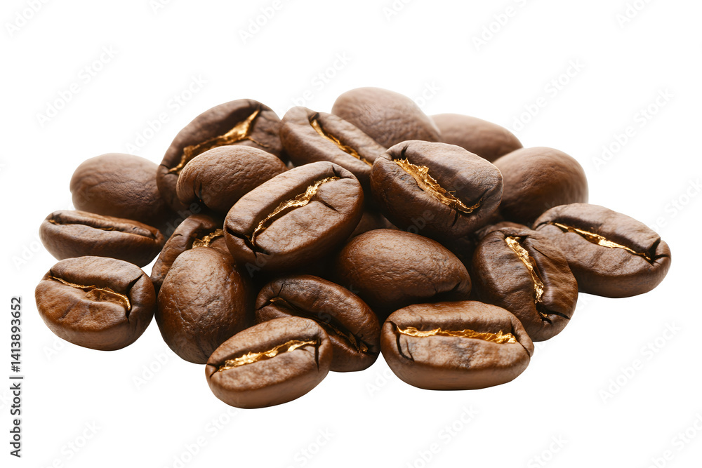 Obraz premium Taken macro lens roasted Arabica coffee beans dark brown. Black surface, highlighting rich textures colors. Drink made from seeds contains caffeine. Isolated on cut out PNG or transparent background.