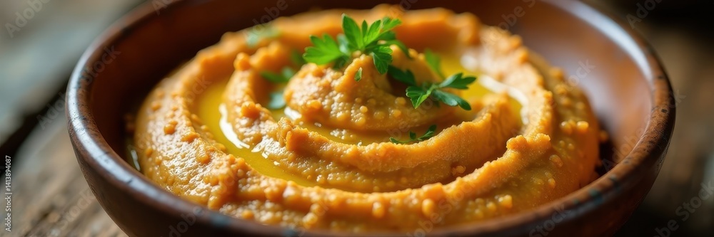 Rich brown fattet hummus with chickpeas, close-up, rustic wooden background , vegetarian, rustic, closeup Rich brown fattet hummus with chickpeas, close-up, rustic wooden background , vegetarian, rustic, closeup