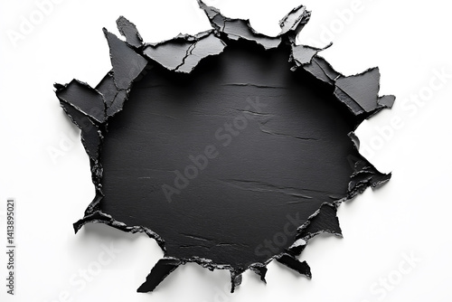 Hole breaking through black wall concrete on white background. Hole in black paper or with torn edges and piercing sunlight and rays through it. Broken paper wall art.
