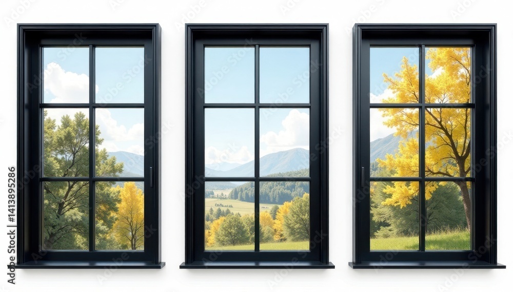 Fototapeta premium Sleek black window frames, various sizes, isolated , asset, photography