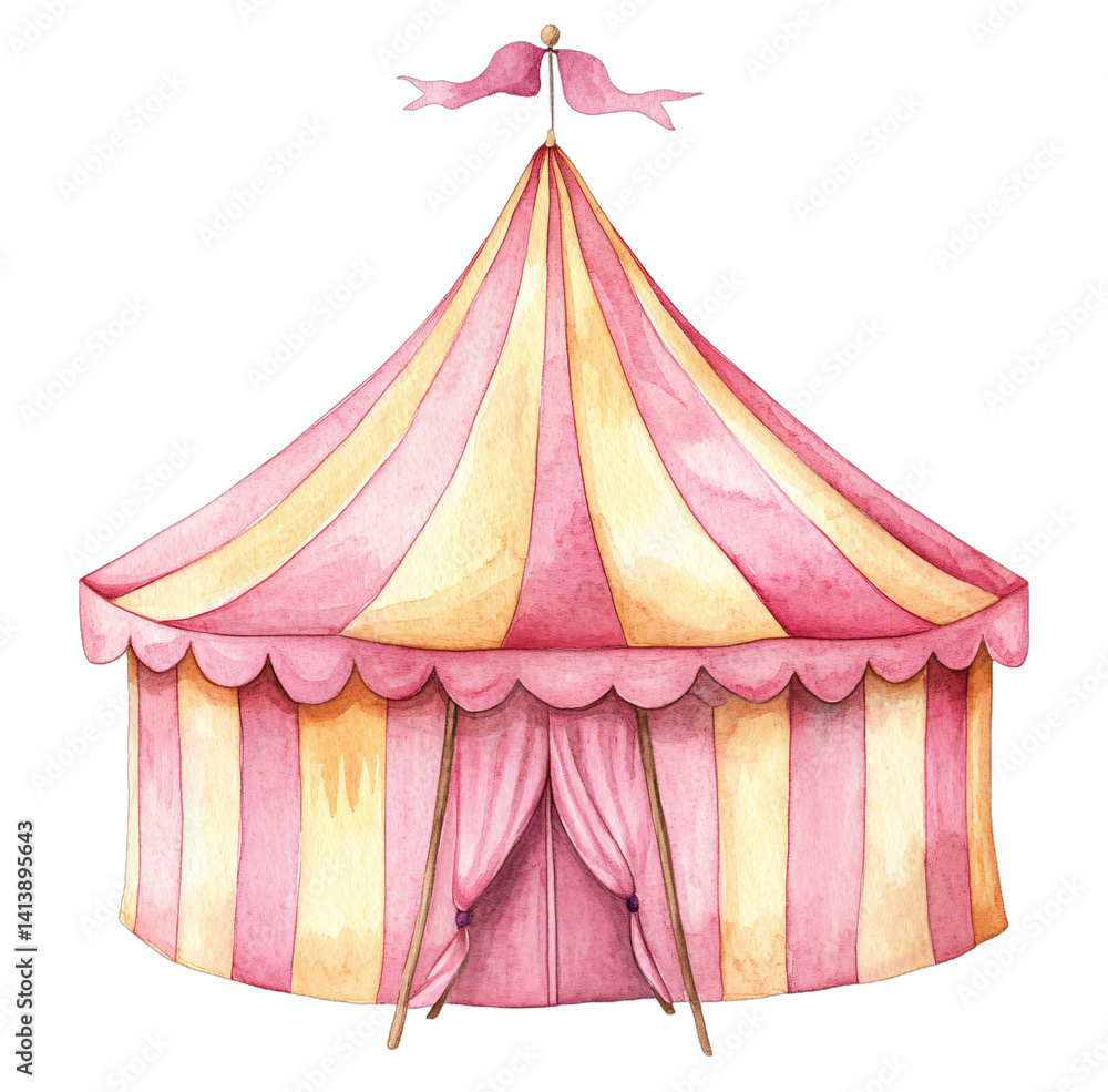 A whimsical, hand-drawn illustration of a pink and yellow striped circus tent. A whimsical, hand-drawn illustration of a pink and yellow striped circus tent.