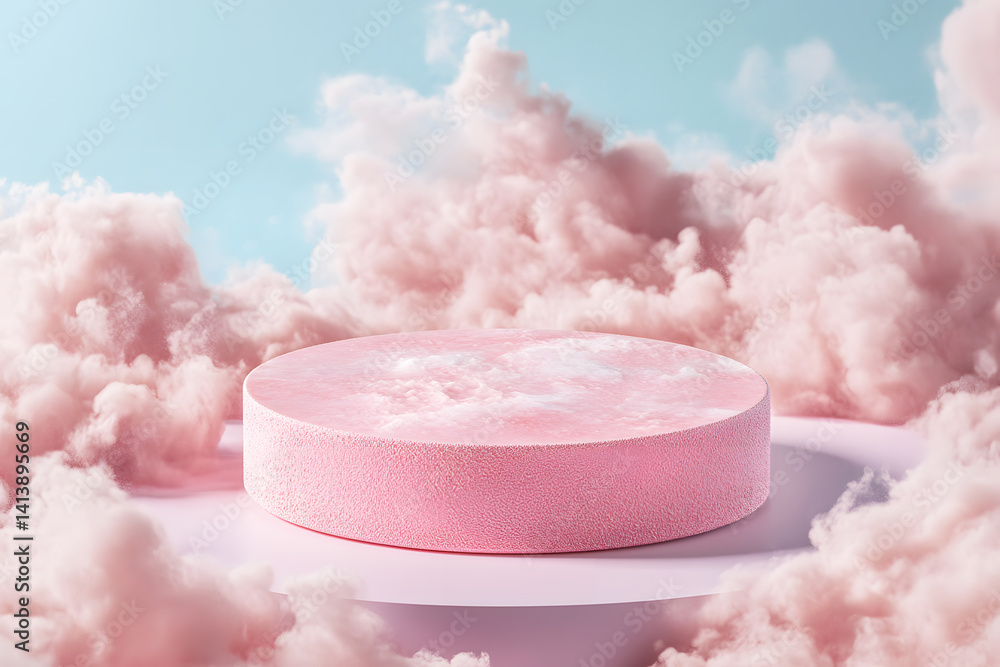 Podium round pastel pink color 3d surrounded by fluffy clouds soft sky is background. Minimalist design dreamlike aesthetic.Cosmetic product mock up placement pedestal promotion stand display. Podium round pastel pink color 3d surrounded by fluffy clouds soft sky is background. Minimalist design dreamlike aesthetic.Cosmetic product mock up placement pedestal promotion stand display.