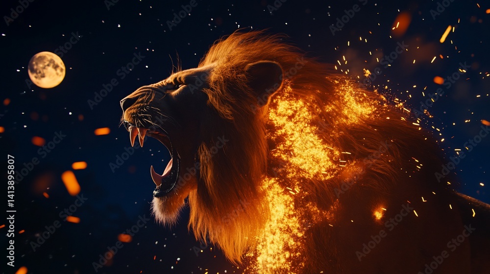 Fiery Roar: A Majestic Lion Under a Night Sky