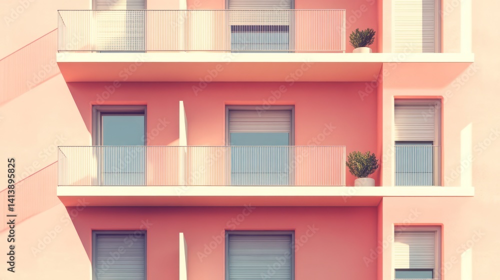 Fototapeta premium Pink building, balconies, sunny day, apartments, city, architectural rendering, real estate, brochure