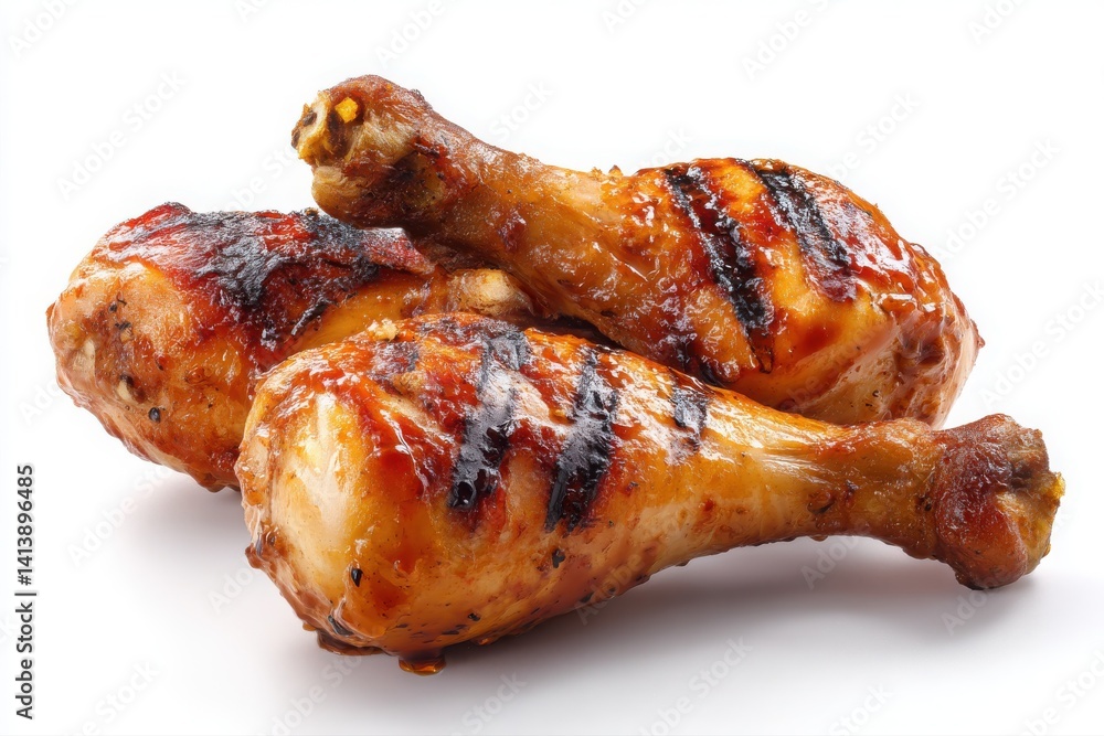 Three grilled chicken legs, glazed and with grill marks, isolated on a white background. roasted chicken on a white background Three grilled chicken legs, glazed and with grill marks, isolated on a white background. roasted chicken on a white background