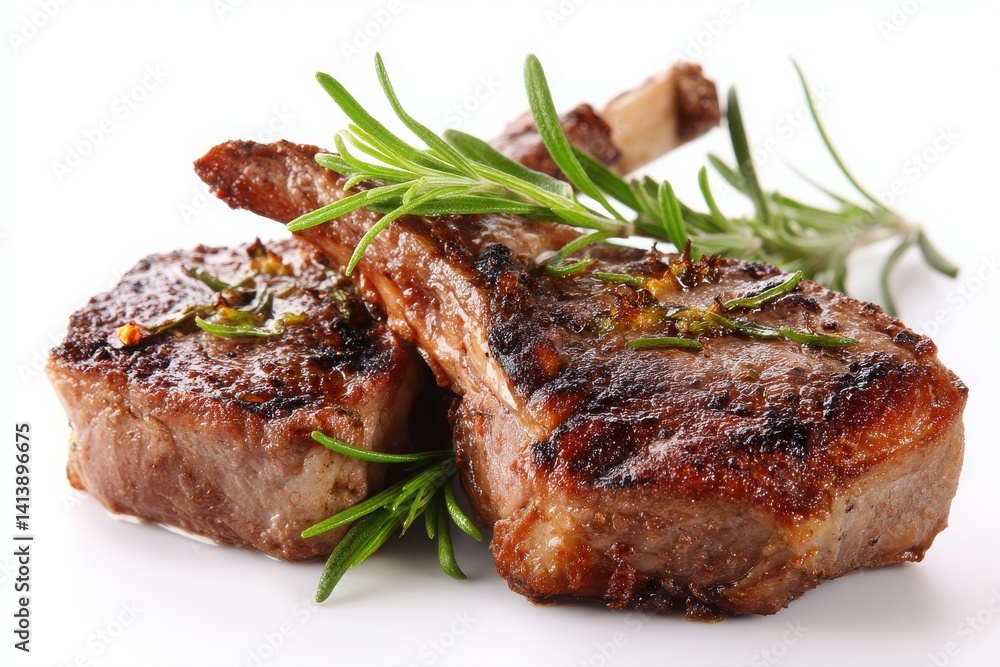 Two grilled lamb chops garnished with rosemary, isolated on a white background. grilled beef steak with vegetables Two grilled lamb chops garnished with rosemary, isolated on a white background. grilled beef steak with vegetables