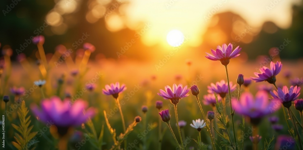 Fototapeta premium Sunset bathes purple wildflowers in a summer meadow's golden light , peaceful, plant, wild
