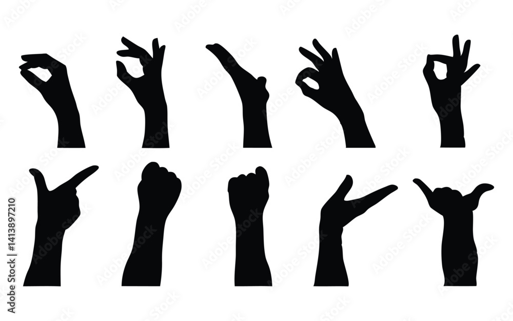 Hand gestures vector silhouette set