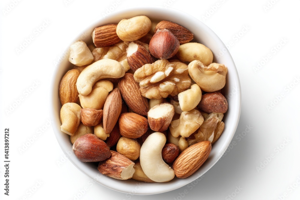 A bowl of mixed nuts including almonds, cashews, and walnuts, isolated on a white background for healthy snacking or nutrition concepts. mixed nuts on white A bowl of mixed nuts including almonds, cashews, and walnuts, isolated on a white background for healthy snacking or nutrition concepts. mixed nuts on white