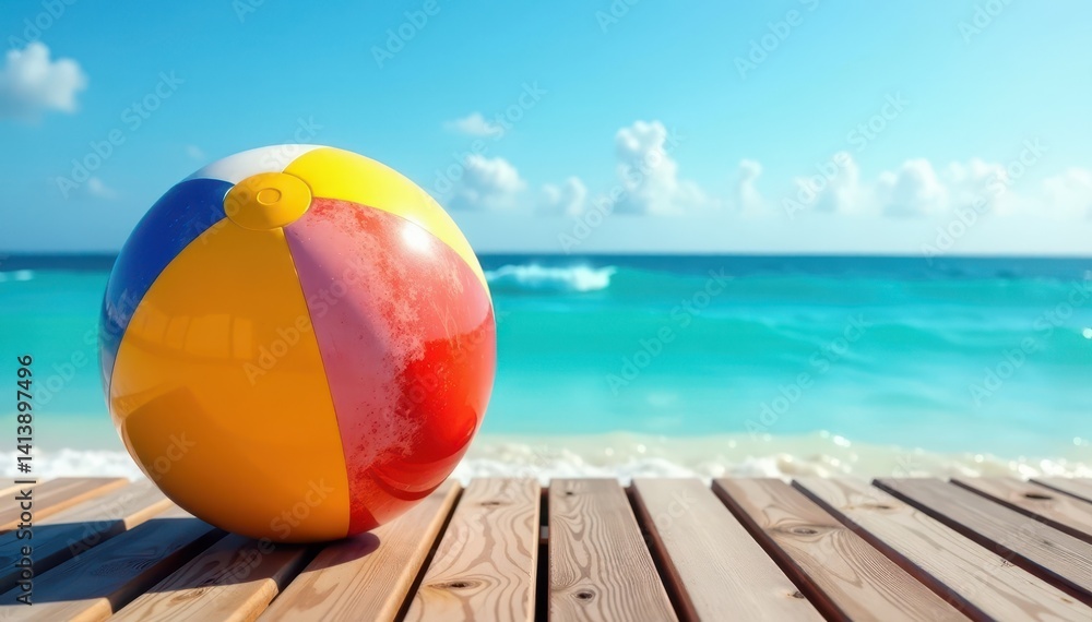 Obraz premium Vibrant beach ball on wooden deck, ocean view , sunny, tropical, bright