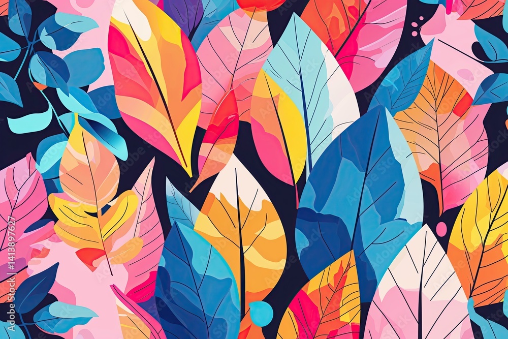 Naklejka premium Vibrant Abstract Leaf Designs in Cheerful Color Palette for Home Decor and Fashion