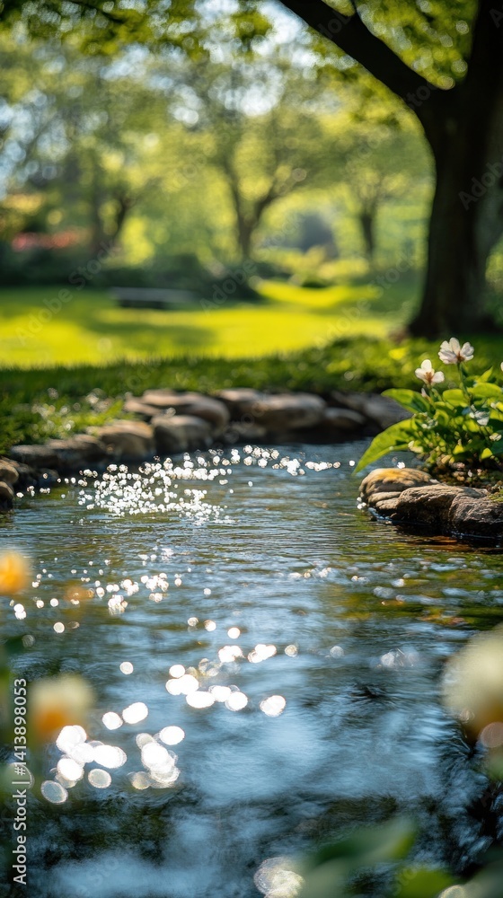 Fototapeta premium Sunny garden stream flowing through landscaping