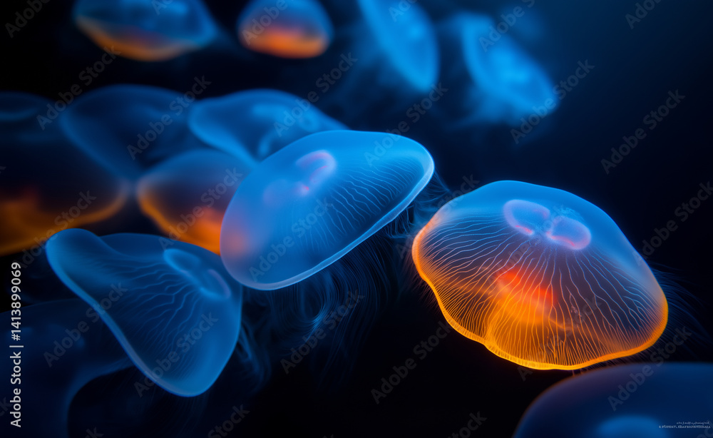 Glowing jellyfish float gracefully in deep blue water with bioluminescent orange light.
Glowing jellyfish float gracefully in deep blue water with bioluminescent orange light.