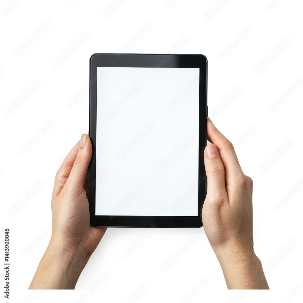 Hands Using tablet white screen top view isolate on transparent background Hands Using tablet white screen top view isolate on transparent background