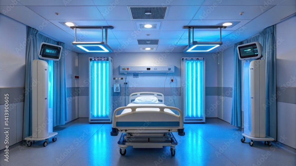 Obraz premium Pathogens Microbes Infectious Disease concept, Modern hospital room featuring a bed, medical equipment, and blue lighting.