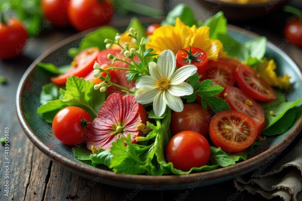 Edible flowers & vibrant vegetables arranged on rustic plate, leaf, cooking Edible flowers & vibrant vegetables arranged on rustic plate, leaf, cooking