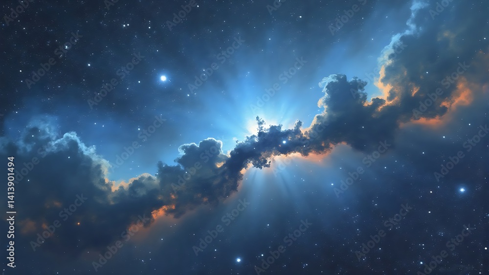 Fototapeta premium Vibrant Cosmic Cloud Illuminated by Light Rays, Stellar Nebula Scene 