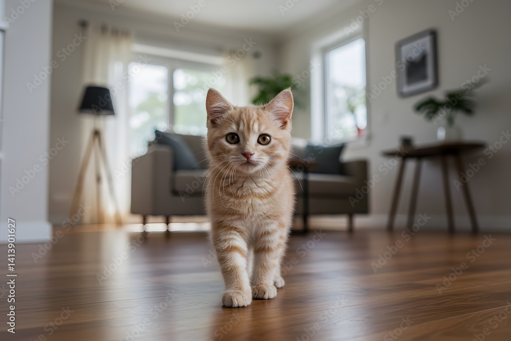 walking on hardwood floor, modern living room interior, Playful orange kitten exploring a bright, modern living room filled with furniture and natural light during the day. Adorable cream tabby kitten