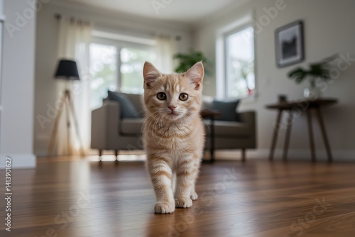 Obraz na płótnie walking on hardwood floor, modern living room interior, Playful orange kitten exploring a bright, modern living room filled with furniture and natural light during the day. Adorable cream tabby kitten w salonie