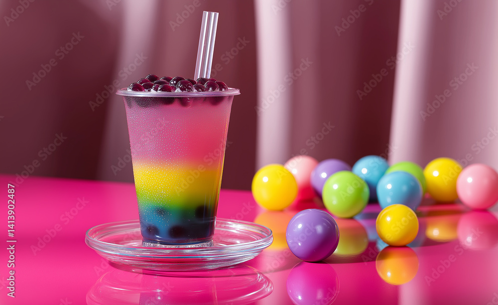 Rainbow bubble tea with black tapioca pearls and a pink straw surrounded by colorful boba balls on a vibrant pink background.
Rainbow bubble tea with black tapioca pearls and a pink straw surrounded by colorful boba balls on a vibrant pink background.