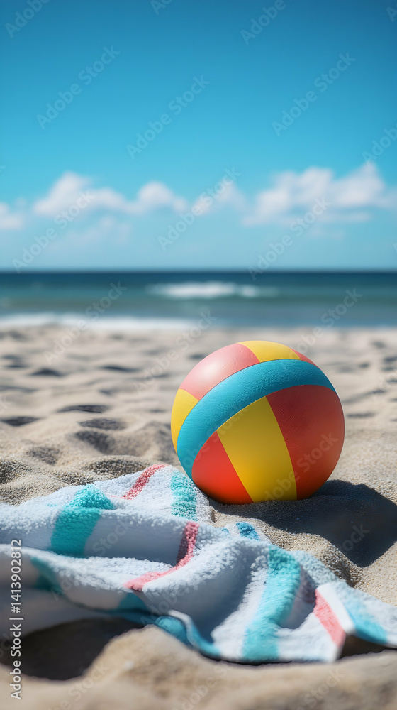 Obraz premium Bright beach towel and colorful ball on warm sand near ocean waves, a cheerful setup for summer fun and playful memories.