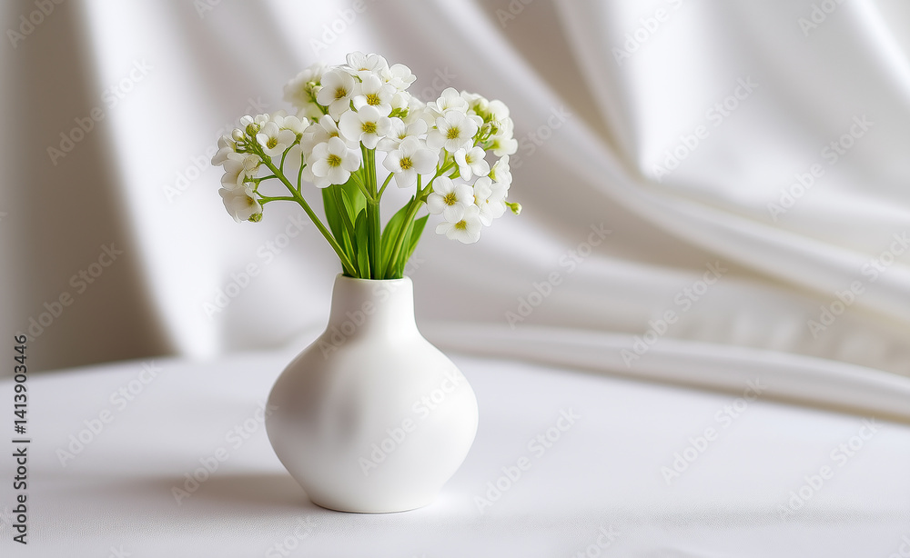 White flowers with green leaves arranged in a simple white vase on a minimal light background.
White flowers with green leaves arranged in a simple white vase on a minimal light background.