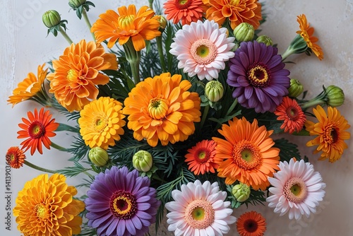 Stunning Floral Display Featuring Marigolds and Gerberas on Bright Background