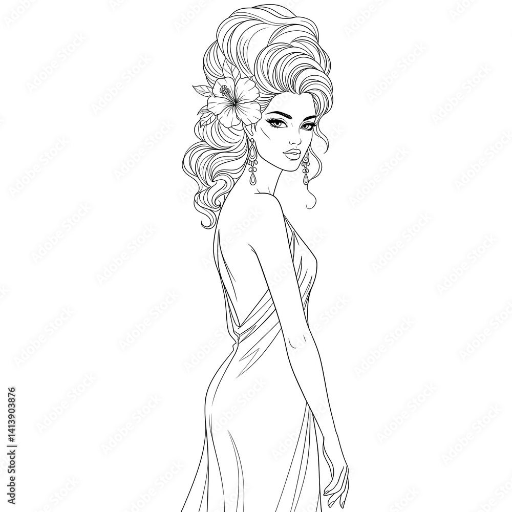 Elegant Woman in a Flowing Gown with Flower in Hair Line Art Drawing