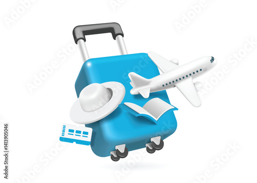 Airplane was flying with luggage, passport book, and airline tickets for a summer travel vacation, vector 3d isolated on white background for summer travel advertising concept