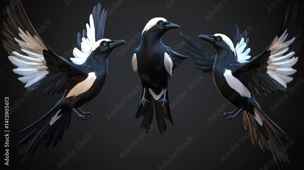 Obraz premium Three birds in flight, black and white plumage