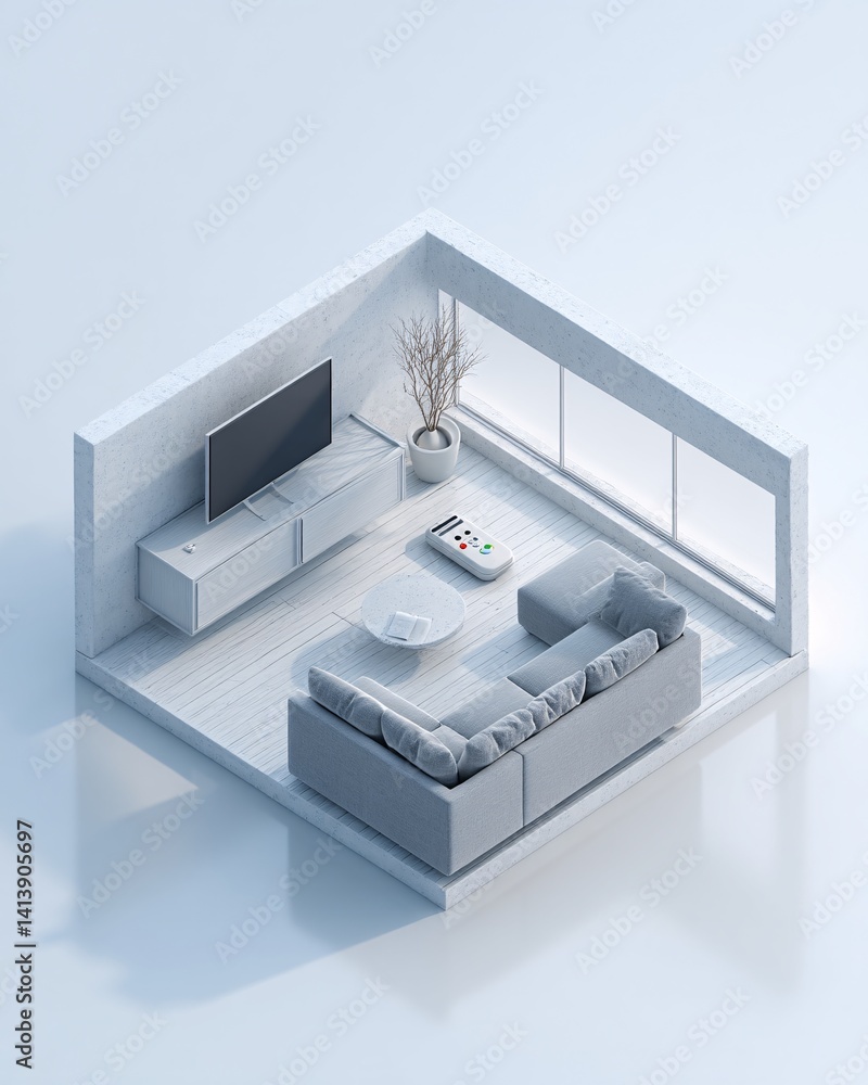 In a minimalist, isometric setting, a remote control device levitates in the air amidst the modern components of an AI augmented reality smart home. The futuristic ambiance and minimal color scheme In a minimalist, isometric setting, a remote control device levitates in the air amidst the modern components of an AI augmented reality smart home. The futuristic ambiance and minimal color scheme
