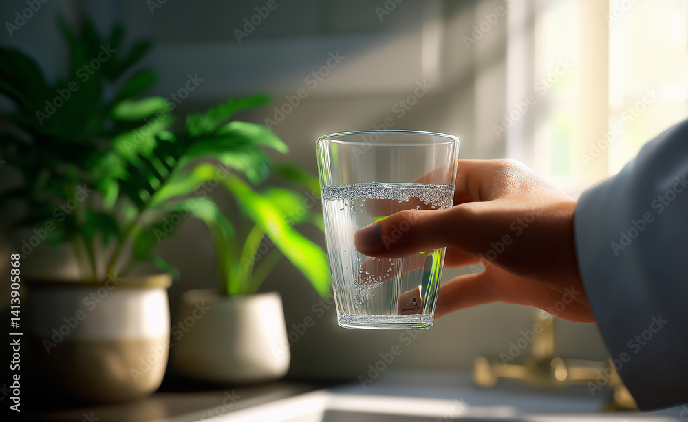 Hand holding a glass of clear water in a sunlit kitchen with green potted plants in the background.
Hand holding a glass of clear water in a sunlit kitchen with green potted plants in the background.