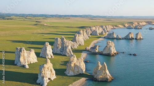 Coastal rock formations line a grassy plain