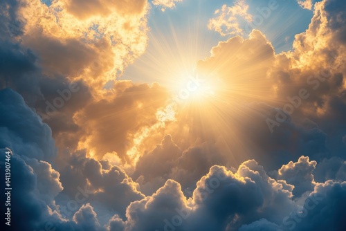 Fototapeta Naklejka Na Ścianę i Meble -  A bright sun shining through fluffy clouds creating a beautiful and ethereal atmosphere in the sky above