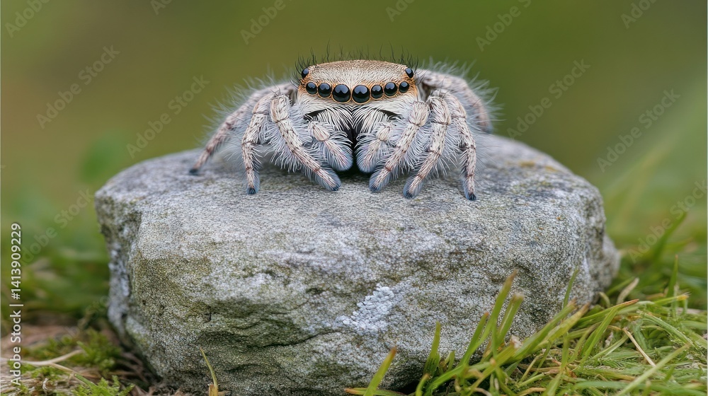 Fototapeta premium Small, light-colored jumping spider on a rock