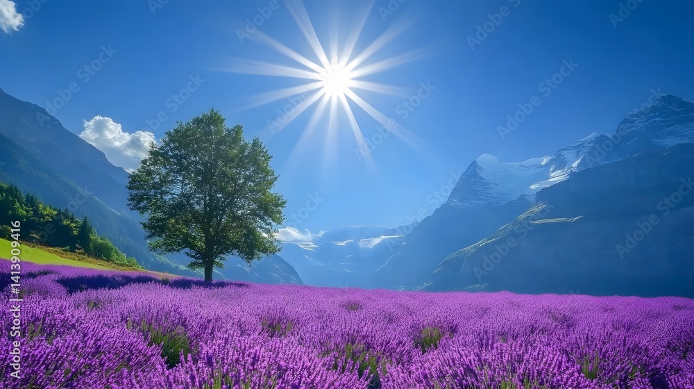 Obraz premium A lone tree stands tall amidst a vibrant field of purple lavender flowers, with majestic snow-capped mountains in the background and a bright sun shining overhead