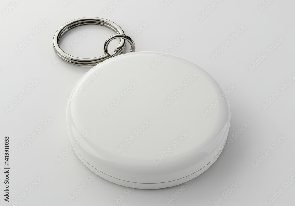 A white round keychain with a metal ring on a white background in a studio shot close up view A white round keychain with a metal ring on a white background in a studio shot close up view