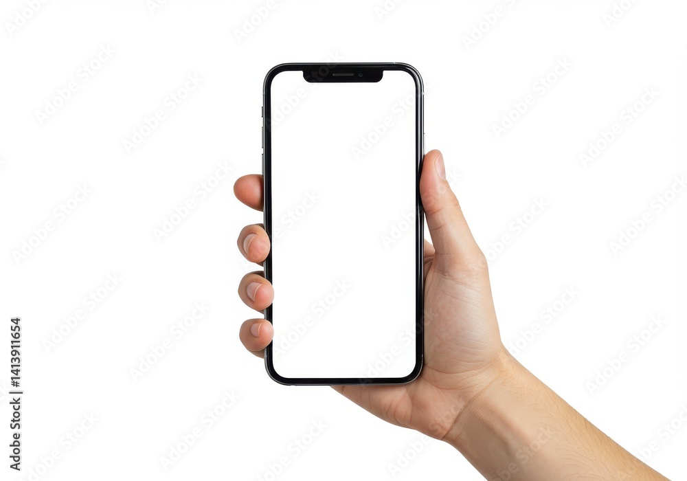 A hand holding a smartphone with a blank white screen against a plain white background in a studio shot A hand holding a smartphone with a blank white screen against a plain white background in a studio shot