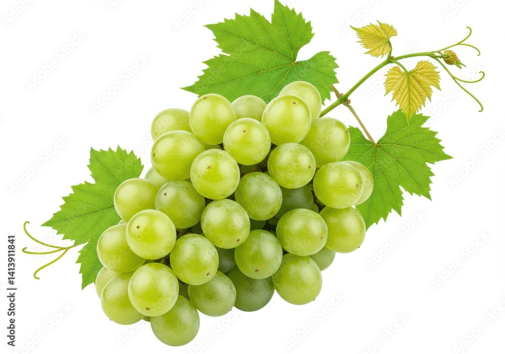 Fototapeta premium A bunch of green grapes with leaves isolated on a white background in a close up studio shot