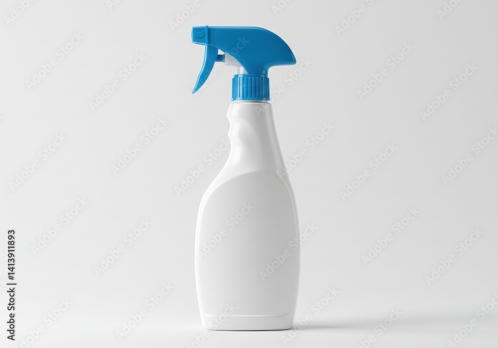 Isolated white plastic spray bottle with blue trigger on a plain white background in studio shot Isolated white plastic spray bottle with blue trigger on a plain white background in studio shot