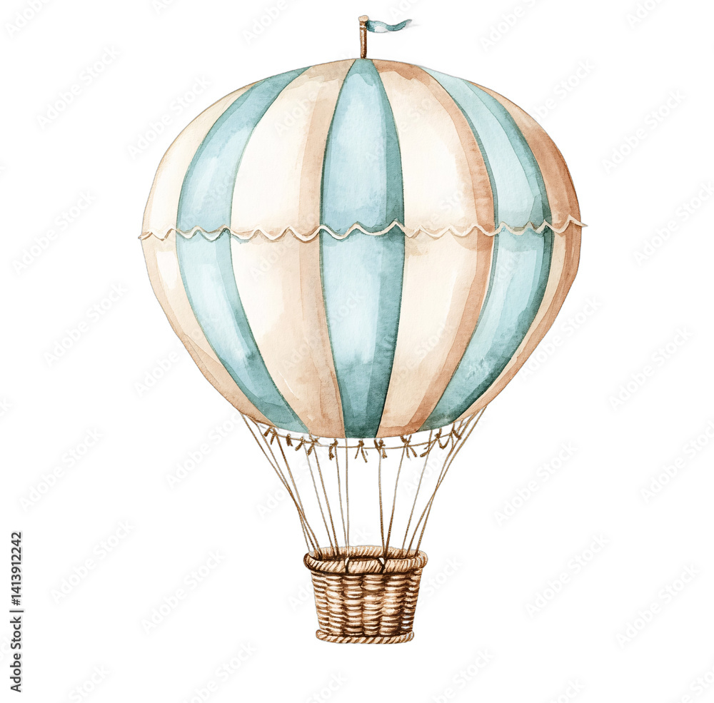 Fototapeta premium A stylized, hand-painted hot air balloon, featuring pale blue and tan stripes, and resting in a light brown wicker basket.