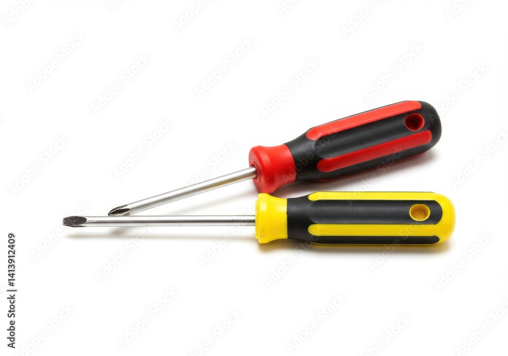 Two screwdrivers with red and yellow handles on a white surface in a horizontal composition Two screwdrivers with red and yellow handles on a white surface in a horizontal composition