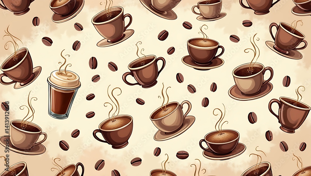 Fototapeta premium A seamless pattern filled with different coffee cups, beans, and steam swirls on a light brown textured background — ideal for coffee shop branding or cafe menus.