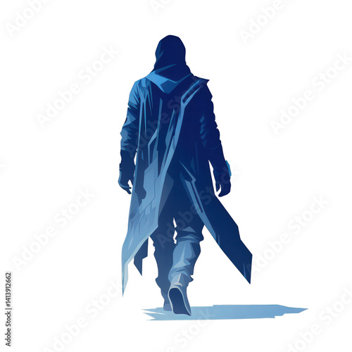 A solitary figure in a long coat walking away, shrouded in blue tones, suggesting a mysterious journey through an abstract landscape, evoking themes of solitude and introspection