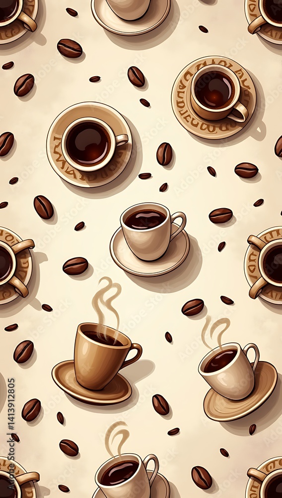 Obraz premium A seamless pattern filled with different coffee cups, beans, and steam swirls on a light brown textured background — ideal for coffee shop branding or cafe menus.