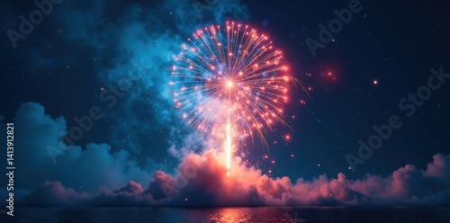 Fiery blue firework detonation in the atmosphere, blue color, firework, energetic burst