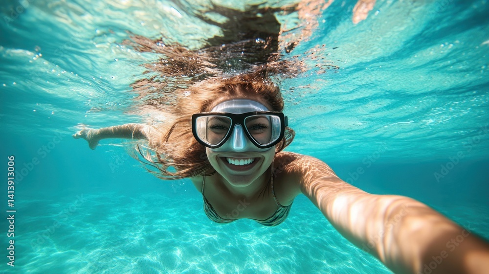 Fototapeta premium Underwater Selfie: A Woman's Joyful Snorkeling Adventure