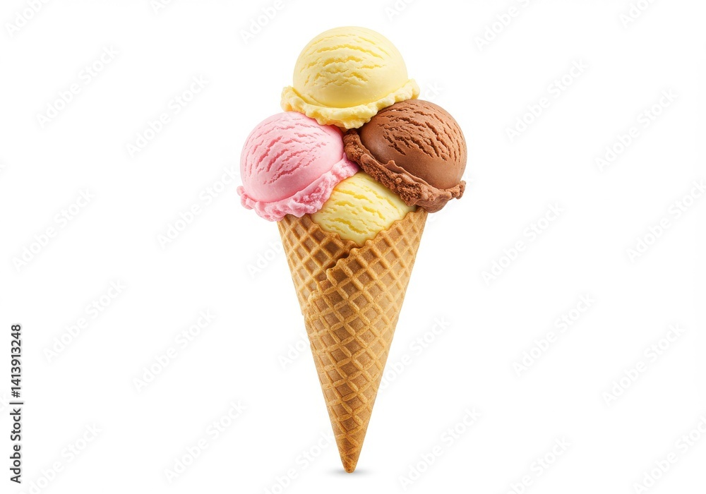 A waffle cone with scoops of vanilla chocolate and strawberry ice cream on a white background scene A waffle cone with scoops of vanilla chocolate and strawberry ice cream on a white background scene