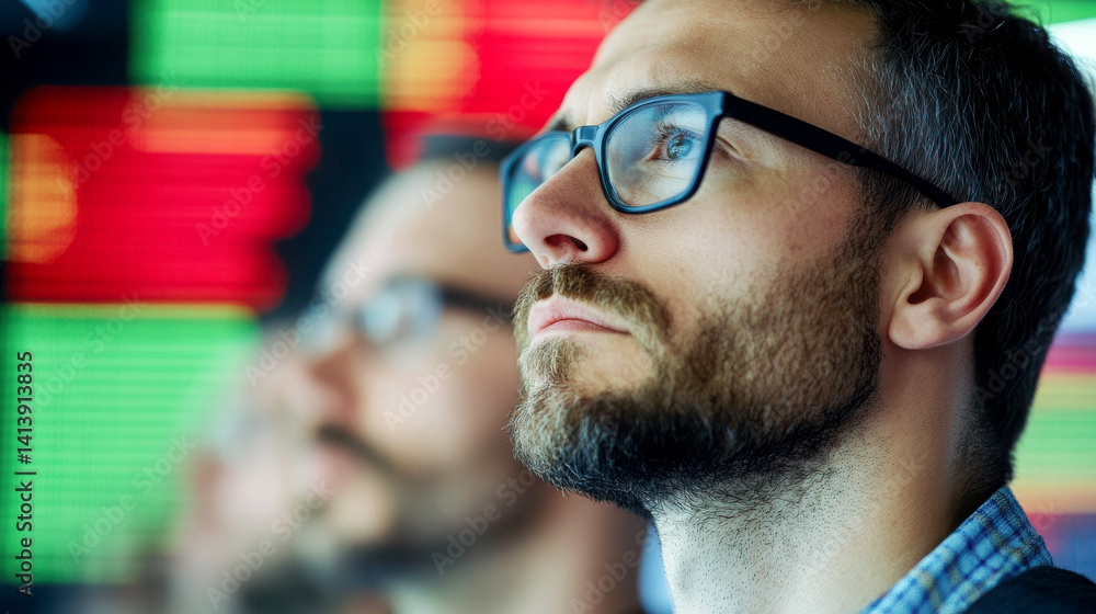 Focused man observing data analysis on a digital screen. Focused man observing data analysis on a digital screen.
