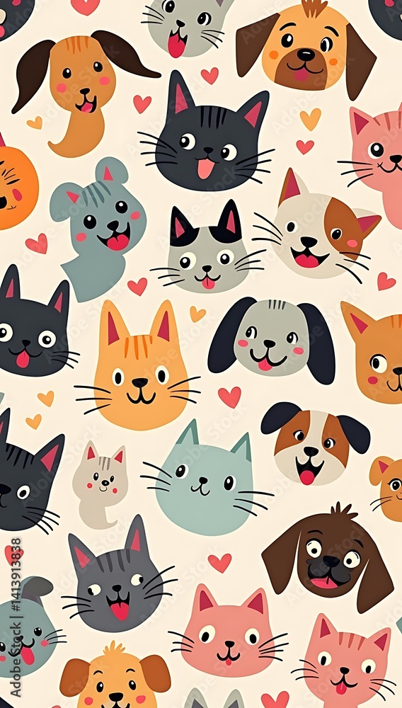 A background filled with cute cat and dog cartoon faces in a playful style, ideal for pet shops, veterinary clinics, or children’s designs.
A background filled with cute cat and dog cartoon faces in a playful style, ideal for pet shops, veterinary clinics, or children’s designs.